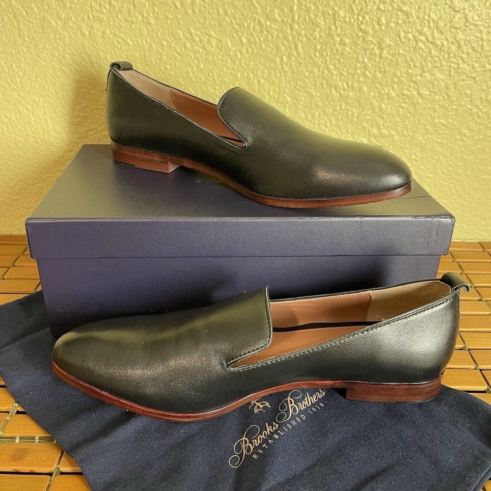 Brook Brothers Women's 9.5 Black Leather Venetian Loafers Flats Box Dust Bag EUC